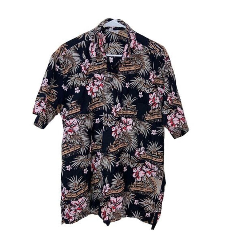 Rum Reggae Men's Black Hawaiian Short Sleeve Button Down Shirt Size Medium‎